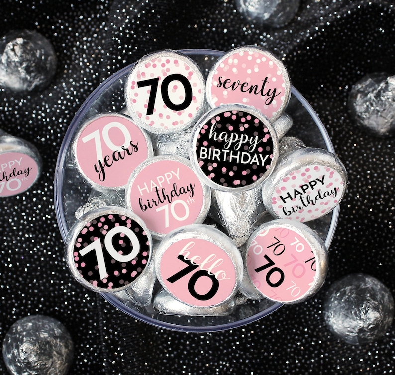 70th Birthday Label Stickers for Chocolate Kisses - Pink and Black Birthday Favors for Her - 180 Stickers- 70th Birthday Decorations & Ideas image 1