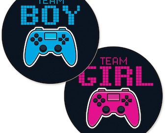 Pegatinas para revelar el sexo del bebé con temática de videojuegos – 40 unidades, mando de videojuegos rosa o azul, equipo niño o equipo niña, decoración para fiestas de revelación de género con temática de videojuegos