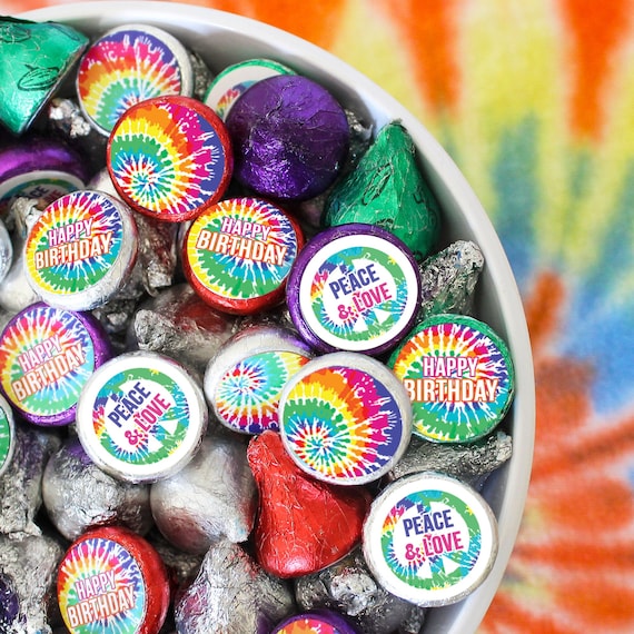 Tie Dye Birthday Chocolate Kiss Stickers, 180ct Peace and Love Party