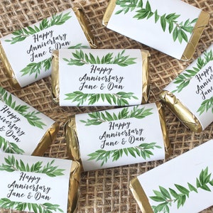Personalized Anniversary Candy Wrappers for Miniature Chocolates, Boho Bridal Shower Stickers Favors & Garden Wedding Party Labels