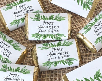 Personalized Anniversary Candy Wrappers for Miniature Chocolates, Boho Bridal Shower Stickers Favors & Garden Wedding Party Labels