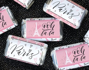 Paris Party Mini Candy Bar Wrappers, Stickers for Miniature Chocolates, French Theme Party Decorations, Labels for Candy Favors, 45 Stickers