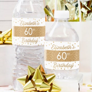 Personalized Birthday Water Bottle Labels | Custom White and Gold Party Decorations Name Age Favors 30th 40th 50th 60th 70th 80th 90th 100th