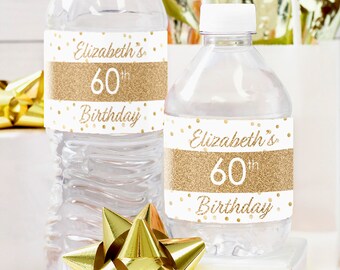 Personalized Birthday Water Bottle Labels | Custom White and Gold Party Decorations Name Age Favors 30th 40th 50th 60th 70th 80th 90th 100th