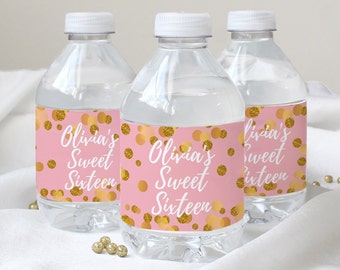 Personalized Pink & Gold Sweet Sixteen Birthday Party Water Bottle Labels - Waterproof Wrappers - Sweet 16 Table Decorations - 24 Stickers