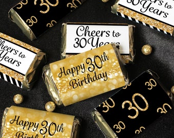 Happy 30th Birthday Black Gold Birthday Party Favor Stickers - Candy Wrappers for Miniature Chocolate Candy Bars -  Thirty Decoration - 45ct