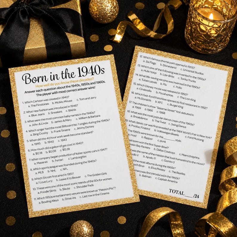 May include: Two trivia game cards with gold glitter borders and black text, asking questions about the 1940s, 1950s, and 1960s. The cards are on a black surface with gold decorations and a wrapped gift.
