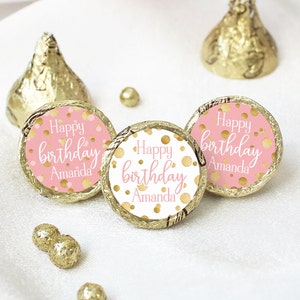 Personalized Pink and Gold Birthday Kiss Chocolate Candy Stickers | Birthday Party Favors Labels for Her, Card Envelope Seals