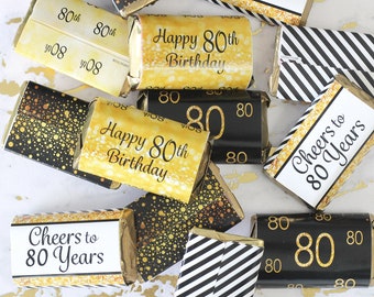 80th Birthday Candy Wrappers for Miniature Chocolate Bars, 45ct Stickers - 80th Birthday Decorations - Black and Gold Birthday Party Favors