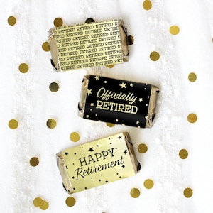 Retirement Party Mini Candy Bar Wrapper Stickers, Black and Gold Theme Happy Retirement Favor Labels 45ct, Wrappers for Miniature Chocolates