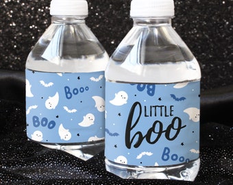 Blue Little Boo is Almost Due Boy Baby Shower Water Bottle Labels - It's a Boy Fall Halloween Baby Waterproof Stickers - 20 Count