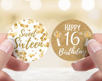 Sweet 16 Birthday Party Favor Stickers White and Gold | Confetti Sweet Sixteen Bag Favor Thank You Labels Envelope Seals