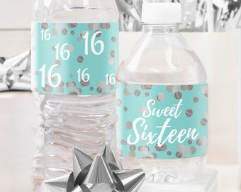 Sweet 16 Teal Blue and Silver Birthday Stickers Water Bottle Labels | 16th Birthday Waterproof Water Bottle Wrappers | Sweet 16 Favor | 24ct