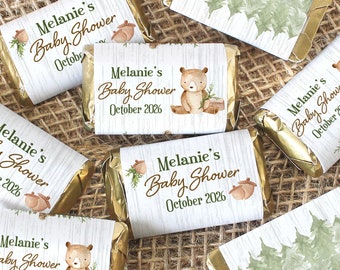 Personalized Woodland Bear Baby Shower Mini Candy Bar Labels - Custom Brown Bear Baby Party Decorations - Forest Theme -45 Stickers