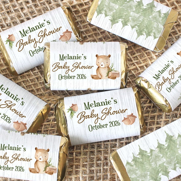 Personalized Woodland Bear Baby Shower Mini Candy Bar Labels - Custom Brown Bear Baby Party Decorations - Forest Theme -45 Stickers