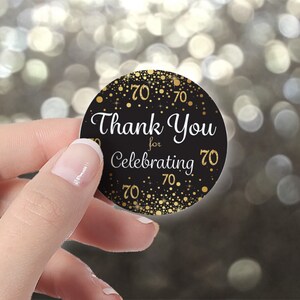 70th Birthday Thank You Stickers | Black and Gold Birthday Party Bag Labels | Happy 70th Birthday Favors | Cookie Bag Stickers | 40ct 1.75in