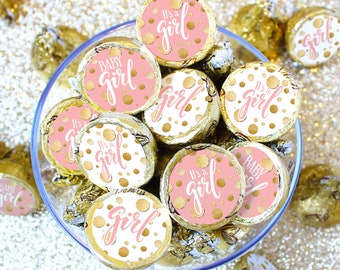 Girl Baby Shower Chocolate Kiss Stickers, 180ct - Pink and Gold Baby Shower Decorations - Its a Girl Baby Shower Favors - Baby Girl Theme