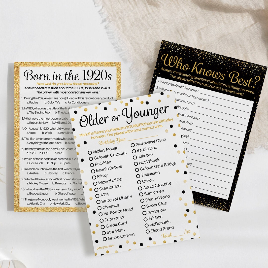 100th Birthday Party Games Born in the 1920s Black and Gold Birthday