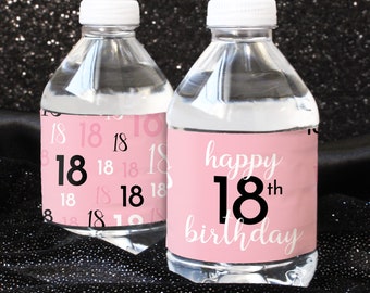 18th Birthday Party Favor Stickers - Pink and Black Water Bottle Labels, 24ct Waterproof - Adult Birthday Decorations and Supplies for Women