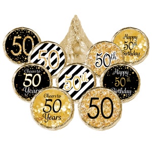 50th Birthday Party Decorations Black and Gold 50th Birthday Party Favors for Him or Her Stickers for Chocolate Kisses Drops 180 Count image 2