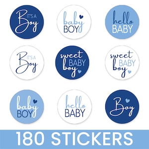 May include: Nine round stickers with blue and white text. The stickers say "It's a Boy", "baby BOY", "hello BABY", and "sweet BABY boy". The bottom of the image reads "180 STICKERS".