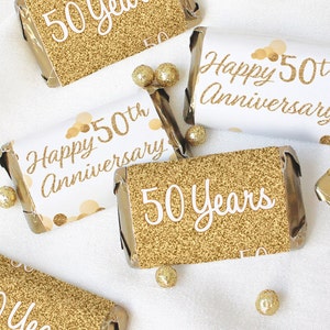 50th Anniversary Candy Wrappers for Miniature Chocolates, 45ct - 50th Anniversary Decorations - Golden Wedding Anniversary Party Favors