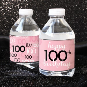 100th Birthday Party Favor Stickers, Pink and Black Water Bottle Labels Waterproof, Adult Birthday Decorations and Supplies for Women, 20ct