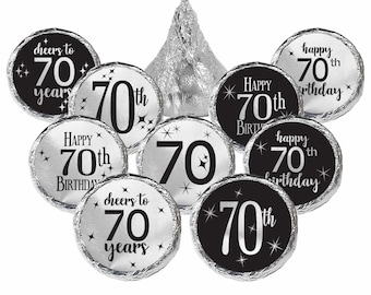 70th Birthday: Black and Silver Shiny Foil - Adult Birthday -  Party Favor Stickers - Fits on Chocolate Kisses - 216 Stickers