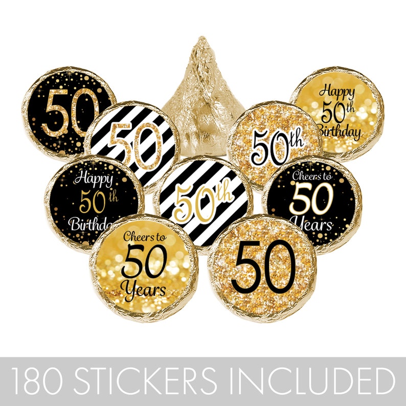 50th birthday decorations black and gold chocolate kisses drops party sticker labels for him or her180 stickers in included