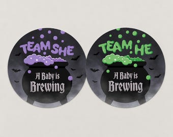 A Baby Is Brewing Spooky Gender Reveal Stickers, 40 Team He or She Labels, Wizard or Witch Cauldron Stickers, Halloween Baby Voting Stickers