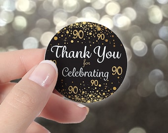 90th Birthday Thank You Stickers | 1.75” Black and Gold Birthday Party Favor Bag Labels | Cookie Bag Stickers | Candle Favor Labels | 40ct