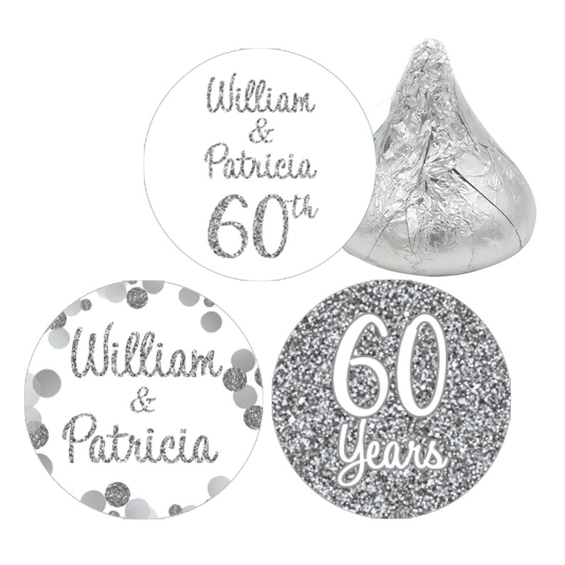 personalized 25th silver 60th 70th diamond wedding anniversary custom party favors labels sticker party table celebration decoration centerpiece custom name and year