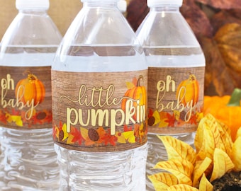 Rustic Little Pumpkin Baby Shower Water Bottle Labels - 20 Waterproof Stickers, Fall, Autumn, Gender Reveal Party Table Decorations