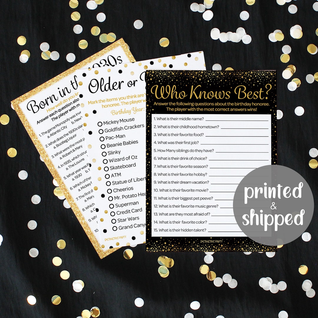 90th Birthday Party Games - Born in the 1930s Black and Gold Birthday ...