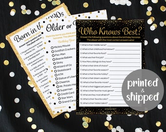 90th Birthday Party Games - Born in The 1930s Black and Gold Birthday Game Bundle - 85th or 90th Birthday - Set of 3 Games for 20 Guests