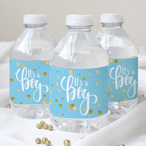 Boy Baby Shower Water Bottle Labels, 24ct Waterproof Stickers | Blue and Gold Baby Shower Table Decorations | Its a Boy Baby Shower Favors