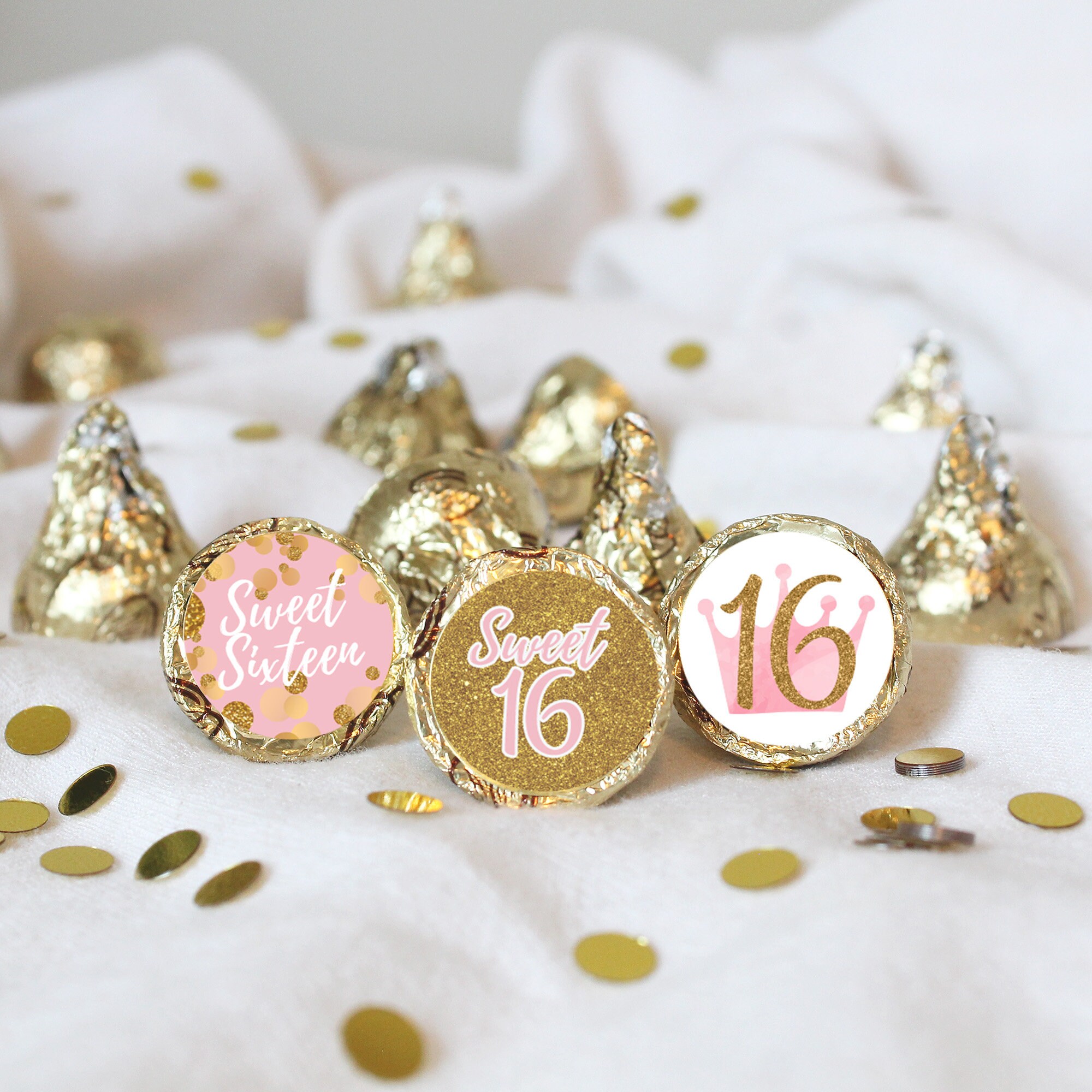 Pink and Gold Sweet 16 Party Favor Chocolate Kisses Stickers, Happy ...