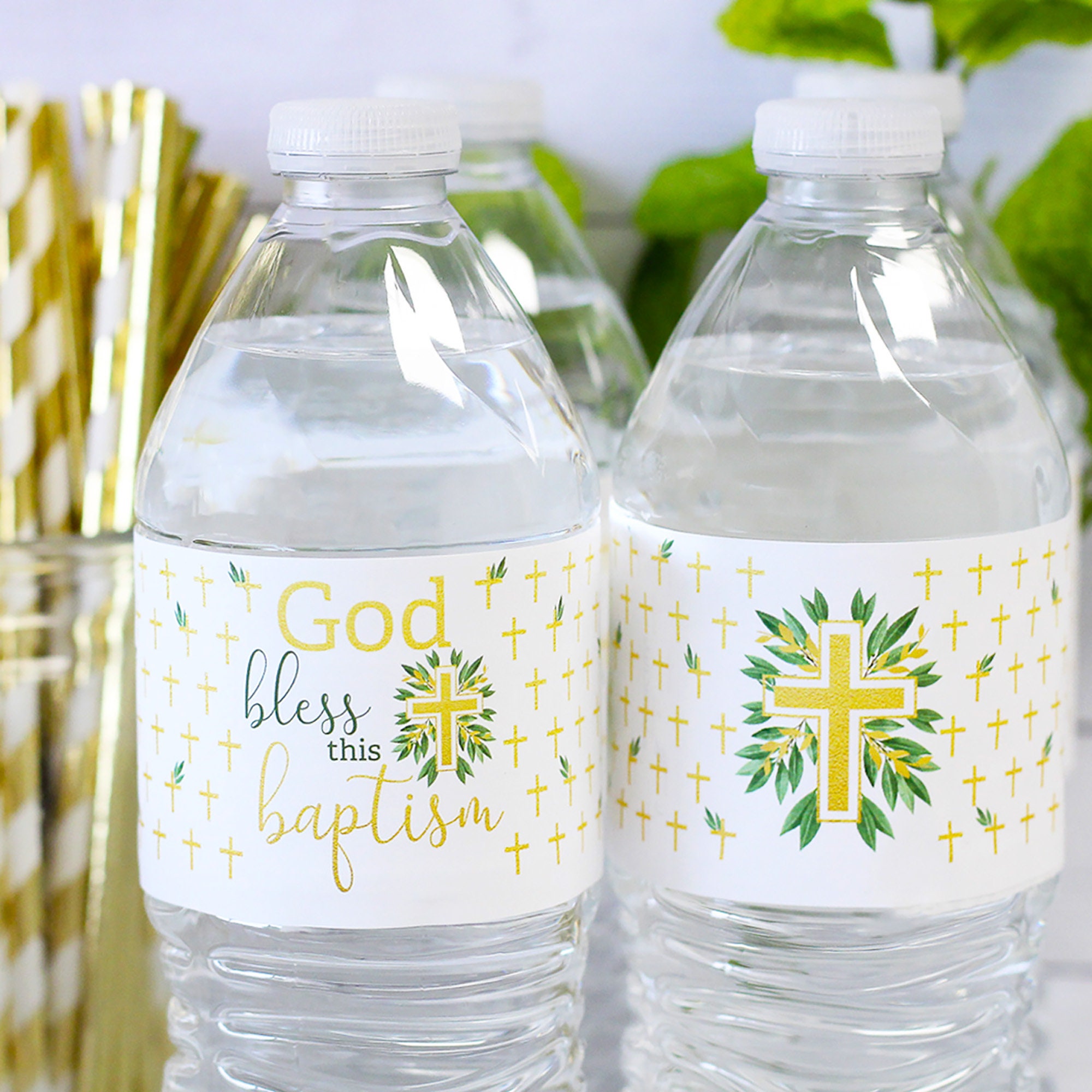 Baptism Water Bottle Labels Greenery Gold Cross Theme God Etsy