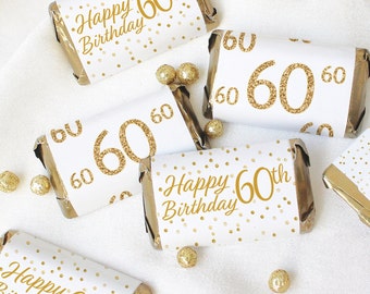 60th Birthday Candy Wrappers for Miniature Chocolate Bars - 60th Birthday Decorations - White and Gold 60th Party Favors - 45 Stickers