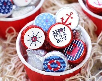 Ahoy It's a Boy Stickers for Chocolate Kisses Candy, Nautical Baby Shower Party Favors, Red Blue Anchor - 180 Labels