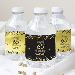 Personalized Birthday Water Bottle Labels | Custom Black and Gold Foil Party Decorations 30th 40th 50th 60th 65th 70th 80th 85th 90th 100th