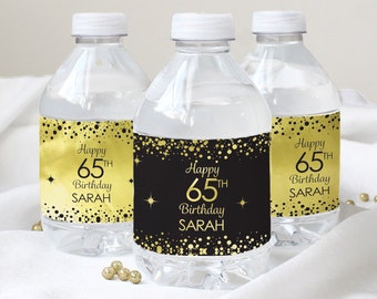 Personalized Birthday Water Bottle Labels | Custom Black and Gold Foil Party Decorations 30th 40th 50th 60th 65th 70th 80th 85th 90th 100th