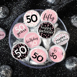 50th Birthday Party Kiss Favor Stickers - Pink and Black Theme Chocolate Labels, 50th Happy Birthday Decor for Her, 1975 Fifty - 180 Pack