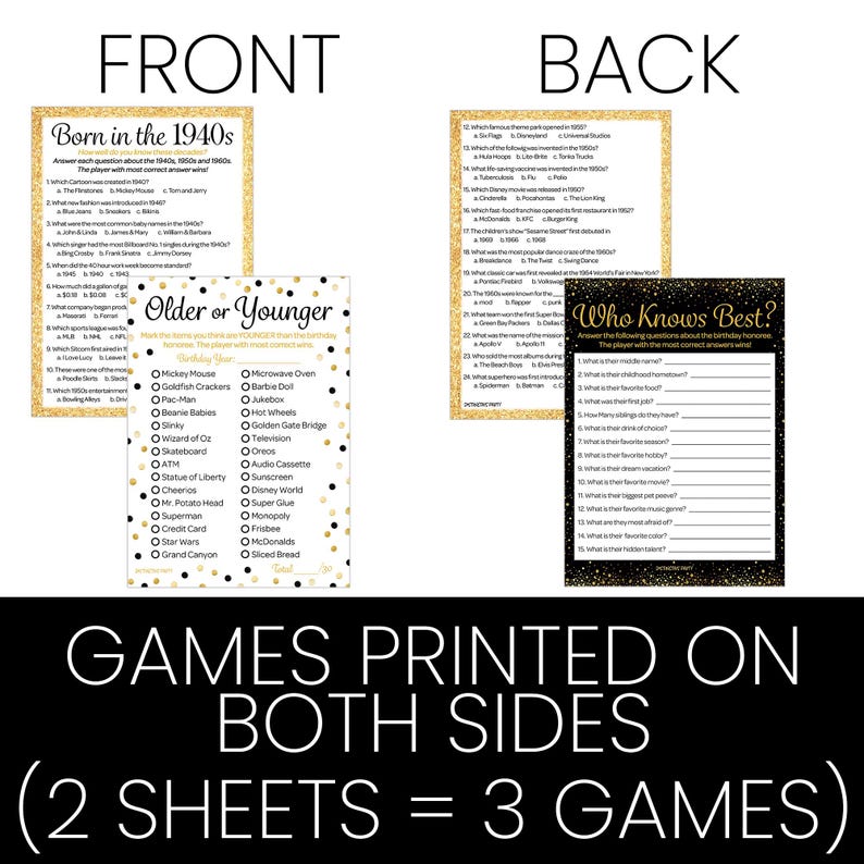 May include: Party game sheets printed on both sides, featuring three different games. The front side includes a game about the 1940s and a game called "Older or Younger." The back side has a game called "Who Knows Best?" and a trivia game.