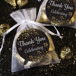 75th Birthday Thank You Stickers, Black and Gold Birthday Party Bag Labels Birthday Favors Cookie Bag Stickers Envelope Seals, 40ct