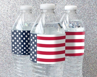 American Flag Themed Water Bottle Labels, Waterproof Red White Blue Stickers, Patriotic USA Party Favor, 4th of July, Labor Day Picnic