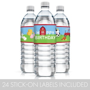 Barnyard Farm Animals Birthday Party Water Bottle Labels includes 24 wrappers