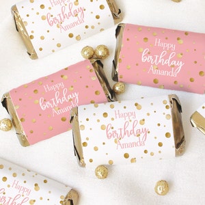 Personalized Pink and Gold Birthday Mini Candy Bar Labels  | Customize Girl Happy Birthday Chocolate Miniatures Wrapper Stickers - 45 Ct