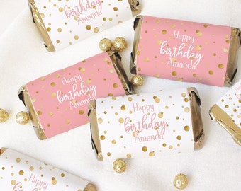 Personalized Pink and Gold Birthday Mini Candy Bar Labels  | Customize Girl Happy Birthday Chocolate Miniatures Wrapper Stickers - 45 Ct