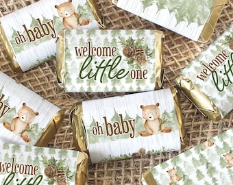 Woodland Bear Baby Shower Decorations, Welcome Little One Gender Neutral Baby Shower Theme - Candy Wrapper for Miniature Chocolates, 45ct